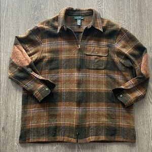 Lauren Ralph Lauren Green Wool Plaid Elbow Patch Shacket Jacket